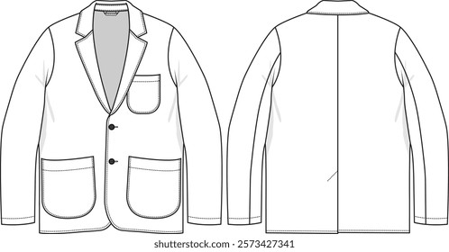 Men sport coat jacket with patch pockets, sport inspired, button closure, long sleeves, lapel collar, back vent, casual clothing, sketch front and back vectors