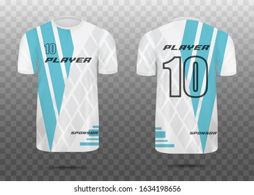 Men sport shirt back and front view decorated with stripes, realistic vector mockup illustration isolated on transparent background. Fashion clothes - t-shirt template.