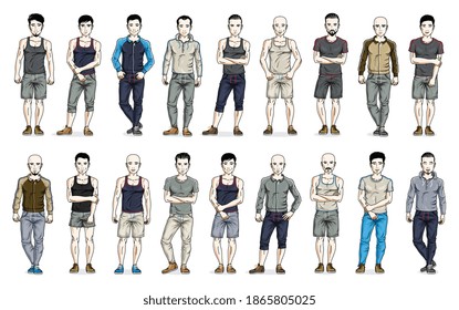 Men in sport wear vector illustrations big set isolated on white background, attractive and handsome males in full length standing and posing with perfect athletic body, gorgeous people.