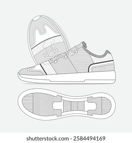 Men sports shoes design technical flat sketch vector mockup template.