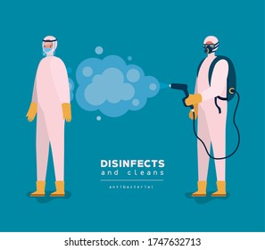 Men spraying with protective suits gloves and bottle design, Disinfects clean antibacterial and hygiene theme Vector illustration