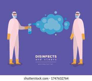 Männer spritzen mit Schutzanzügen Handschuhen und Flaschendesign, Desinfizieren saubere Antibiotika und Hygiene Thema Vektorgrafik