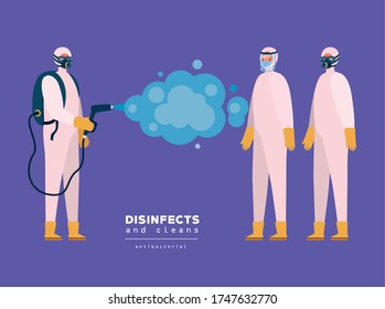 Hombres rociando con trajes protectores guantes y diseño de botellas, Desinfecta antibacterianos limpios e higiénicos Tema Vector ilustración