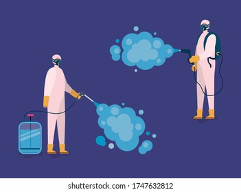 Men spraying with protective suits gloves and bottle design, Disinfects clean antibacterial and hygiene theme Vector illustration