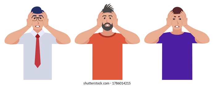 Hombres apretando la cabeza con las manos. Emociones y concepto de lenguaje corporal. El concepto de estrés, tensión y migraña. Juego de caracteres. Ilustración vectorial al estilo de las caricaturas.