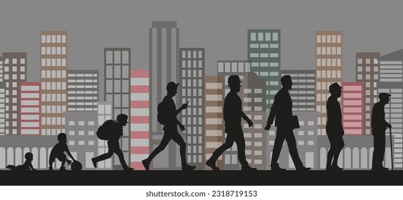 Men, stages of development. Silhouettes against the background of the city, metropolis. Life from birth to old age. ESP 10.