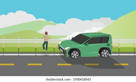 Men stand to admire mountain views on the edge of the road. Green passenger car was parked on the asphalt road. Mountain background is complex and the sky is foggy during the time.