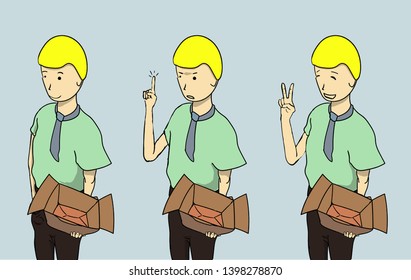 Men stand with boxes. One of them points his finger to the top and expresses displeasure on his face.