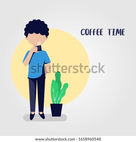 Men stand with a cup of hot coffee to drink it with a mug in hand. Cafe bar, coffee shop, flat illustration.