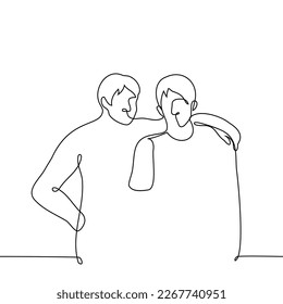 men stand embracing - one line drawing vector. concept best friends, buddies