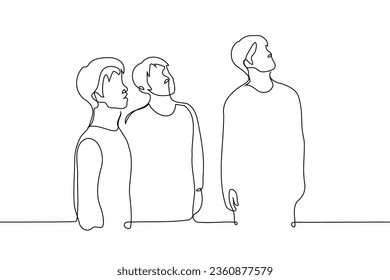 men stand and look up in one direction - one line art vector. concept observers of a celestial object, eyewitnesses