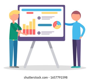 Männer stehen an Bord nahe Statistikkarte. Leute, die über Projekt reden, Start. Unternehmensanalysegraphien, Unternehmensinformationen. Geschäftsleute bei Treffen oder Terminen. Vektorillustration-Illustration auf ebene