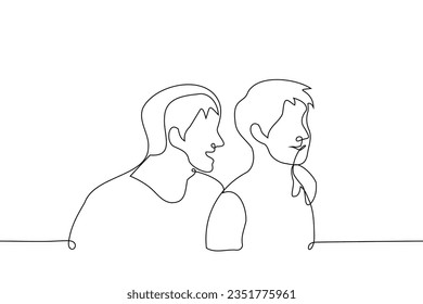 men stand nearby and smile look away - one line art vector. concept of couple of lovers, brothers, male friendship