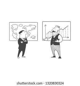 Men stand next to the diagram and the map of the world.