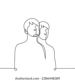 men stand next to each other - one line art vector. concept friends, brothers, colleagues, male support