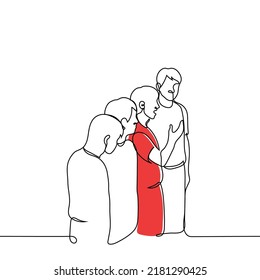 Men Stand In One Line But Everyone Looks At The One Who Speaks With Gestures - One Line Drawing Vector. Concept Special Person, Brave Person, Talker Or Leader