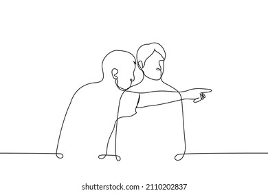 men stand one of them shows finger to side - one line drawing vector. concept of showing way, guiding someone, drawing someone's attention to specific details