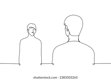 men stand opposite each other - one line art vector. concept male antagonist, rival, conflict, clash, look at your reflection