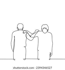 men stand opposite each other and side by side, their palms on their neighbor's shoulder - one line art vector. concept dramatic scene of support or distancing