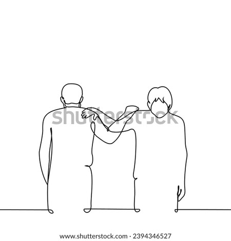 men stand opposite each other and side by side, their palms on their neighbor's shoulder - one line art vector. concept dramatic scene of support or distancing