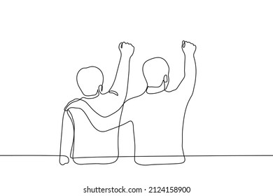 men stand raising their fist one of them put his free hand on friend's shoulder - one line drawing vector. concept militant spirit or triumph, call to vote, fight for gay rights 
