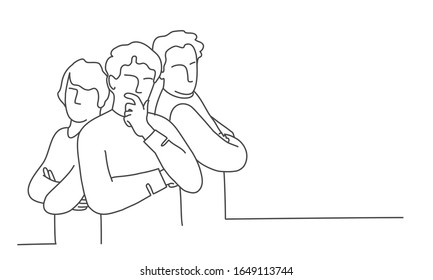 Men stand shoulder to shoulder with arms crossed. Line drawing illustration.