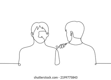 men stand shoulder to shoulder one of them put his hand on the shoulder of the neighbor looking at him - one line drawing vector. concept stop someone, competitors, rivals, opposing views