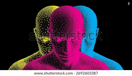 The men stand shoulder to shoulder. Stipple effect. Glow. The concept of leadership and unity. 3D illustration for brochure, cover, card, presentation, flyer or banner.