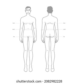 Men standard body parts terminology measurements Illustration for clothes and accessories production fashion male size chart. 9 head boy for site and online shop. Human body infographic template