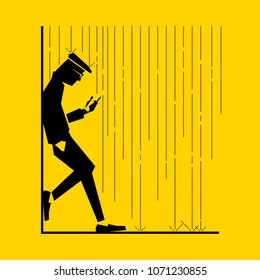 Men standing against the wall using mobile phones while rain, vector illustration and design.
