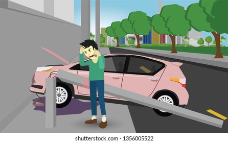 Men Standing To Call Emergency Helpers. Damage Pink Car Crash Pole Light Accident Cannot Drive On The Street With Nature And City On Day Background.