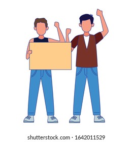men standing and holding blank placard over white background, colorful design, vector illustration