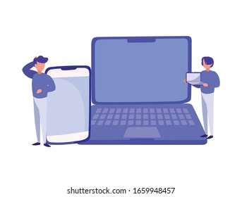 Männer mit Laptop und Smartphone auf weißem Hintergrund, Vektorillustration