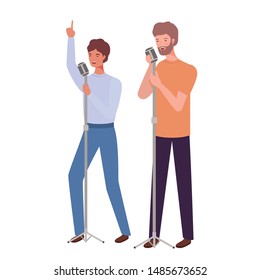 men standing with microphones on white background