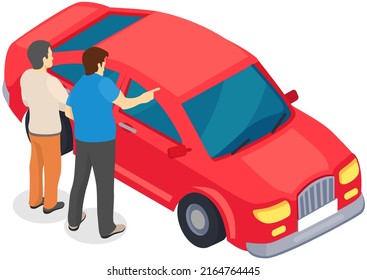 Men standing near red car. Colleagues discussing automobile to buy. Purchase of vehicle, making deal concept. Male characters checking transport. People next to passenger car vector illustration