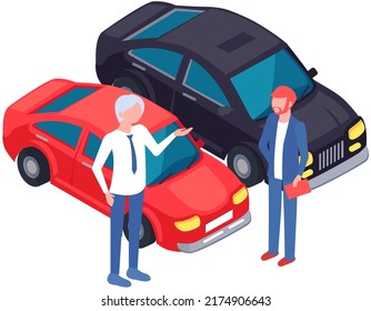 Hombres parados cerca del coche rojo. Colegas discutiendo sobre el automóvil para comprar. Compra de vehículo, haciendo concepto de trato. Personajes masculinos revisando el transporte. Compra o alquiler de automóviles