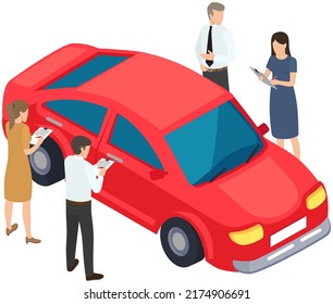 Hombres parados cerca del coche rojo. Colegas discutiendo sobre el automóvil para comprar. Compra de vehículo, haciendo concepto de trato. Personajes masculinos revisando el transporte. Personas cercanas a la ilustración del vector del vehículo de pasajeros