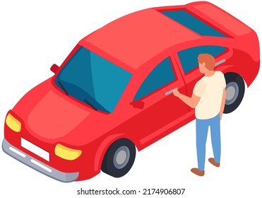 Men standing near red car. Automobile to buy. Purchase of vehicle, making deal concept. Male characters checking transport. Male next to passenger car vector illustration