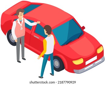 Men standing near red car. Colleagues discussing automobile to buy. Purchase of vehicle, making deal concept. Male characters checking transport. Buying or renting automobile