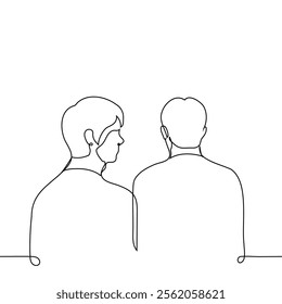 men standing next to each other, one of them looking at the other while the first one doesn't see - one line art. concept admiration, peeping, authority, spy, friend, observation