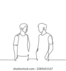 men standing next to each other with hands in pockets and looking at each other - one line art vector. Handmade vector not AI