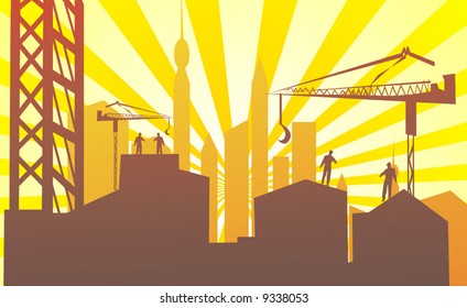 men standing on top of buildings	