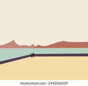 Männer, die auf einem Aussichtspunkt stehen und einen ruhigen See und Berg betrachten. Verbringen Sie Zeit im Urlaub. Natur Landschaft minimale Design.