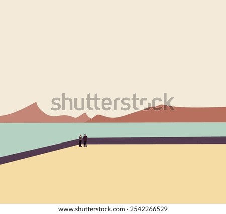 Men standing on viewpoint looking at calm lake and mountain. Spend time on holiday vacation. Nature landscape minimal design.