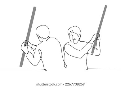 men standing opposite each other waving long thick sticks - one line drawing vector. concept conflict, fight