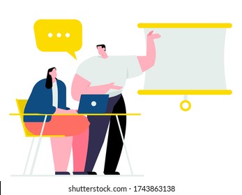 Men standing, presenting work with women.Flat design vector illustration concept.