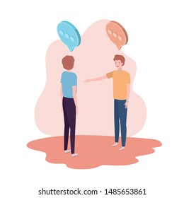 men standing with speech bubble on white background