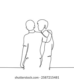 men standing with their backs turned or walking away one of them put his hand on the shoulders of the other - one line art vector. concept friends, support, emotional help men. Handmade vector not AI