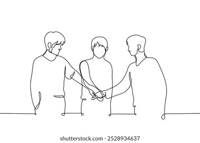 homens de pé com as mãos juntos em um lugar - uma linha arte vetor. conceito de unificação, fraternidade, amigos masculinos. Vetor artesanal não AI