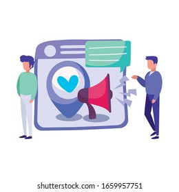 Männer im Stehen und Webpage mit Megaphon und Pin-Symbol auf weißem Hintergrund, Vektorillustration